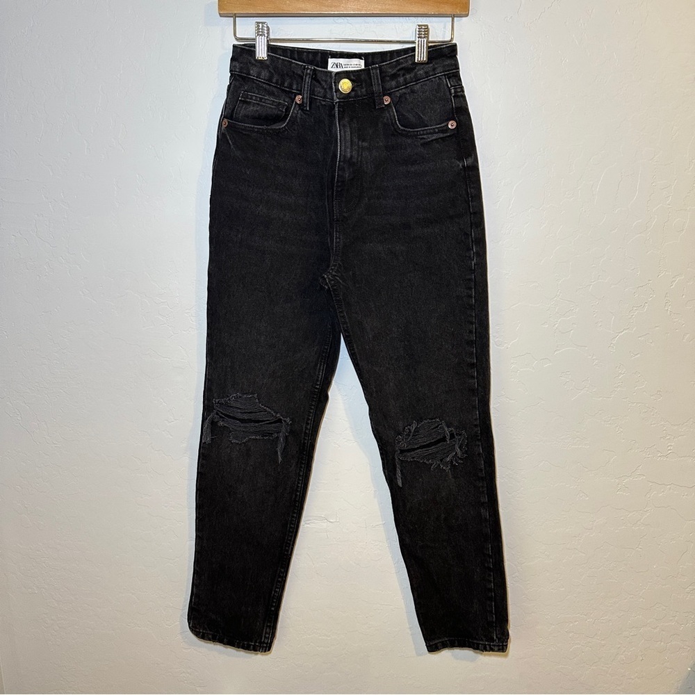 Zara Ripped Mom Fit Jeans Black Denim High Rise Distressed Size 2 - Picture 2 of 7